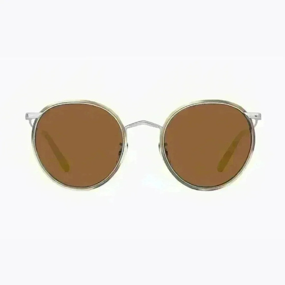 NWT Oliver Peoples “Casson” Round Titanium Sunglasses in Silver/Beige Horn - Picture 7 of 16